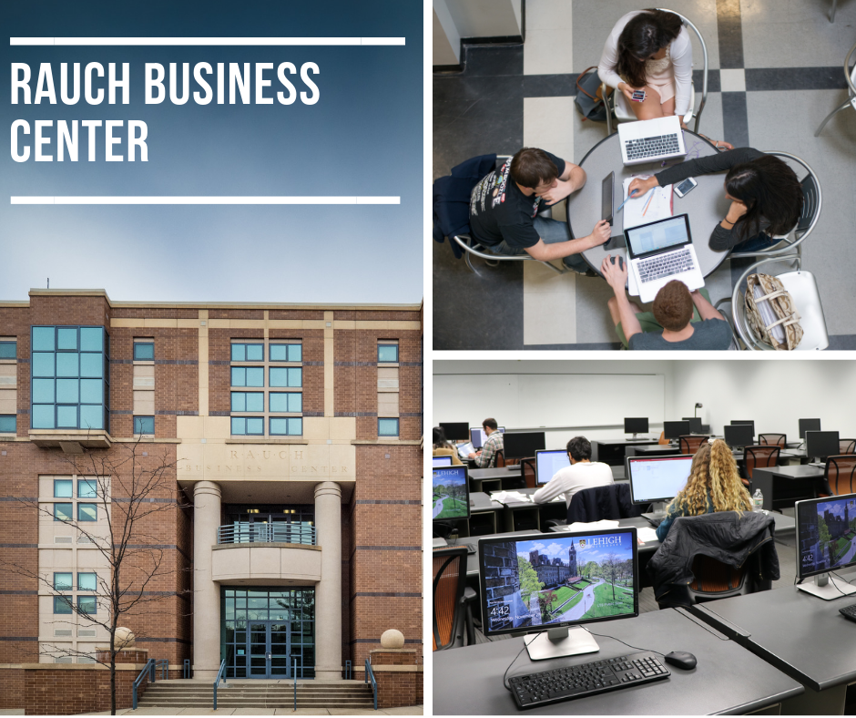 photo of study spaces in the Rauch Business Center and building exterior
